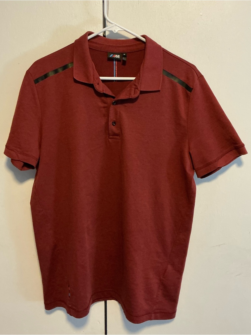 BMW Men's Maroon Polo with Black Shoulder Stripes